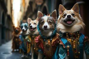 AI generated March of elegance venetian themed dog parade, festive carnival photos