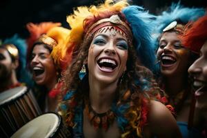 ai generado energético ritmos bateristas en carnaval disfraces, carnaval festival imágenes foto