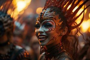 AI generated Captivating flames performers with fiery batons and carnival masks, carnival festival pictures photo