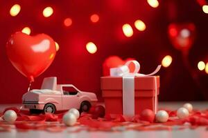 Happy valentine's day concept with red gift box and heart  shaped balloons romantic banner love concept by AI Generated photo