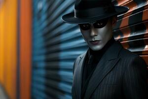 AI generated Carnival film noir masked man in alley mystery, carnival festival pictures photo