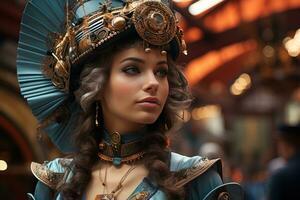 AI generated Victorian fusion futuristic gadgets in steampunk carnival, carnival festival pictures photo