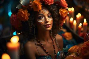 AI generated Floating lanterns amid carnival joy woman adorned in mask, carnival festival pictures photo
