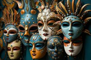 AI generated Artistic display reflects venetian mask creativity, carnival festival pictures photo