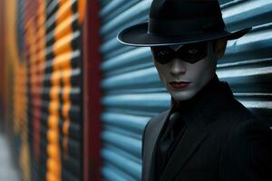 AI generated Film noir elegance man in shadowy alley with carnival mask, colorful carnival images photo