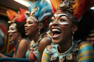 ai generado carnaval enmascarado Participantes abrazo alegre conducir, vistoso carnaval imágenes foto