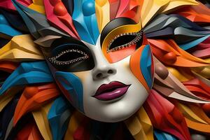ai generado máscara mosaico espectáculo formando un gigante carnaval mascarilla, festivo carnaval fotos