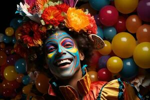 ai generado enmascarado hombre en medio de caprichoso flotante burbujas, festivo carnaval fotos