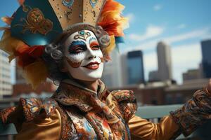 AI generated Urban carnival masked man celebrating a top city skyscape, colorful carnival images photo