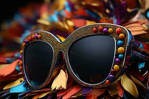 AI generated Fashionably festive carnival masks reflected in stylish shades, carnival festival pictures photo