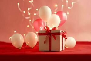 Happy valentine's day concept with red gift box and heart  shaped balloons romantic banner love concept by AI Generated photo