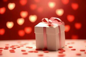 Happy valentine's day concept with red gift box and heart  shaped balloons romantic banner love concept by AI Generated photo