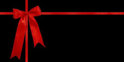 Gift wrapping design with red satin bow isolated on black background. Preparation for the holiday. photo