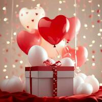 Happy valentine's day concept with red gift box and heart  shaped balloons romantic banner love concept by AI Generated photo