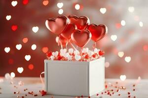 Happy valentine's day concept with red gift box and heart  shaped balloons romantic banner love concept by AI Generated photo