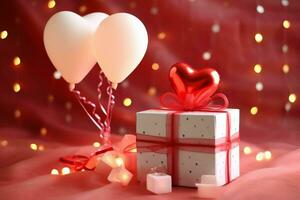 contento San Valentín día concepto con rojo regalo caja y corazón conformado globos romántico bandera amor concepto por ai generado foto