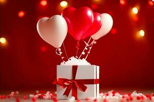 Happy valentine's day concept with red gift box and heart  shaped balloons romantic banner love concept by AI Generated photo