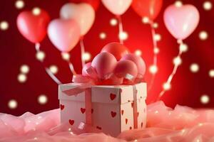 contento San Valentín día concepto con rojo regalo caja y corazón conformado globos romántico bandera amor concepto por ai generado foto