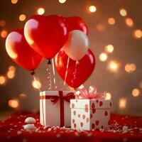 contento San Valentín día concepto con rojo regalo caja y corazón conformado globos romántico bandera amor concepto por ai generado foto