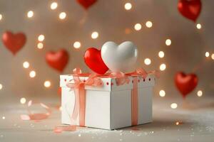 contento San Valentín día concepto con rojo regalo caja y corazón conformado globos romántico bandera amor concepto por ai generado foto