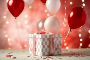 contento San Valentín día concepto con rojo regalo caja y corazón conformado globos romántico bandera amor concepto por ai generado foto