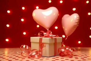 Happy valentine's day concept with red gift box and heart  shaped balloons romantic banner love concept by AI Generated photo