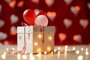 Happy valentine's day concept with red gift box and heart  shaped balloons romantic banner love concept by AI Generated photo