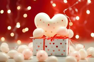 contento San Valentín día concepto con rojo regalo caja y corazón conformado globos romántico bandera amor concepto por ai generado foto