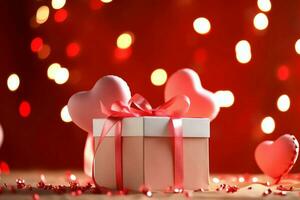 Happy valentine's day concept with red gift box and heart  shaped balloons romantic banner love concept by AI Generated photo