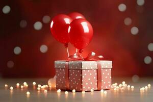 contento San Valentín día concepto con rojo regalo caja y corazón conformado globos romántico bandera amor concepto por ai generado foto