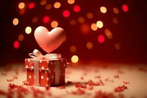 Happy valentine's day concept with red gift box and heart  shaped balloons romantic banner love concept by AI Generated photo