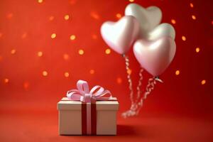 Happy valentine's day concept with red gift box and heart  shaped balloons romantic banner love concept by AI Generated photo