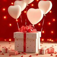 Happy valentine's day concept with red gift box and heart  shaped balloons romantic banner love concept by AI Generated photo