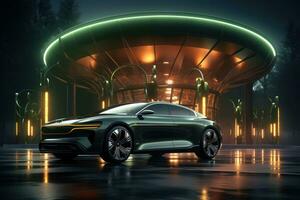 AI generated Future electric vehicle charging with renewable energy, futurism image photo