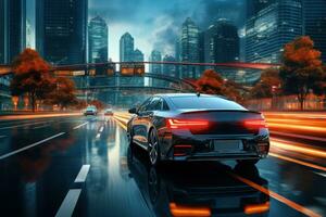 AI generated Urban efficiency self driving cars in a city with advanced traffic control, futurism image photo
