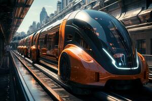 AI generated Futuristic transportation hub hyperloops drones and electric bikes integrated, futurism image photo