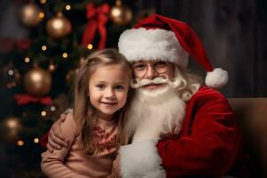 AI generated Portrait of a cute little girl with Santa Claus.  Image generated by AI. photo