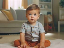 AI generated A cute little boy is sitting on the floor in the living room. Image generated by AI photo
