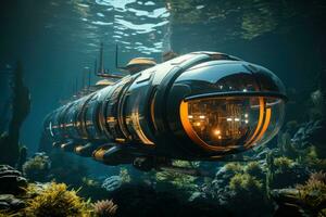ai generado eco simpático submarino aventuras futurista submarino Excursiones, futurismo imagen foto