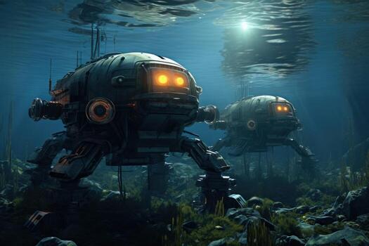 AI generated Robots maintaining floating solar power stations on bodies of water harnessing renewable energy for the future, futurism image photo