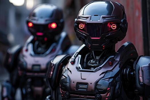 AI generated Robotic police officers patrolling city streets ensuring safety and maintaining law and order in a technologically advanced society, futurism image photo