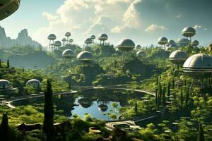 AI generated Futuristic sky gardens sustainable agriculture above the horizon, futurism image photo