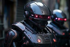 AI generated Robotic police ensuring safety in a futuristic cityscape, futurism image photo