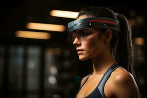 AI generated Runner wearing ar glasses displaying vital and performance metrics in real time, futurism image photo