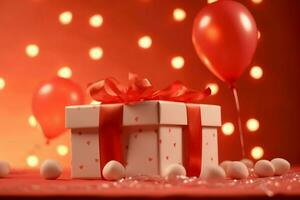 Happy valentine's day concept with red gift box and heart  shaped balloons romantic banner love concept by AI Generated photo