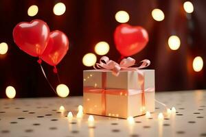 contento San Valentín día concepto con rojo regalo caja y corazón conformado globos romántico bandera amor concepto por ai generado foto