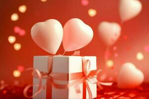 Happy valentine's day concept with red gift box and heart  shaped balloons romantic banner love concept by AI Generated photo