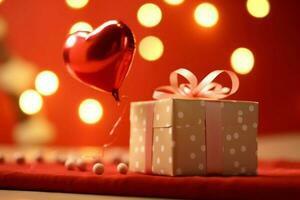 contento San Valentín día concepto con rojo regalo caja y corazón conformado globos romántico bandera amor concepto por ai generado foto