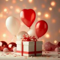 Happy valentine's day concept with red gift box and heart  shaped balloons romantic banner love concept by AI Generated photo