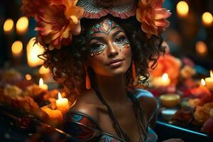 AI generated Woman in mask amidst vibrant pond and floating lanterns, carnival festival pictures photo